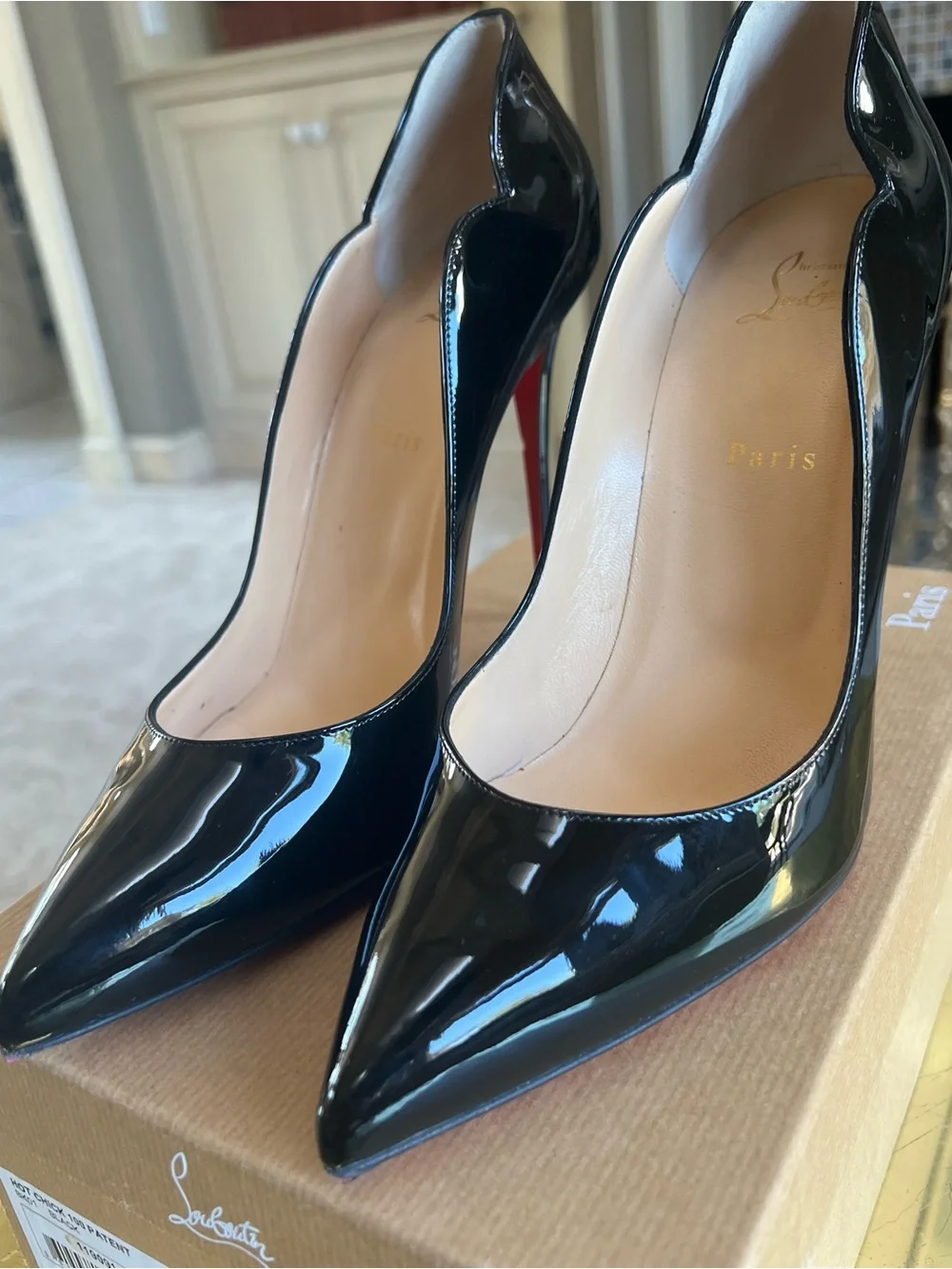 Christian Louboutin Hot Chick 100 Black Patent Leather Stiletto with Red Sole